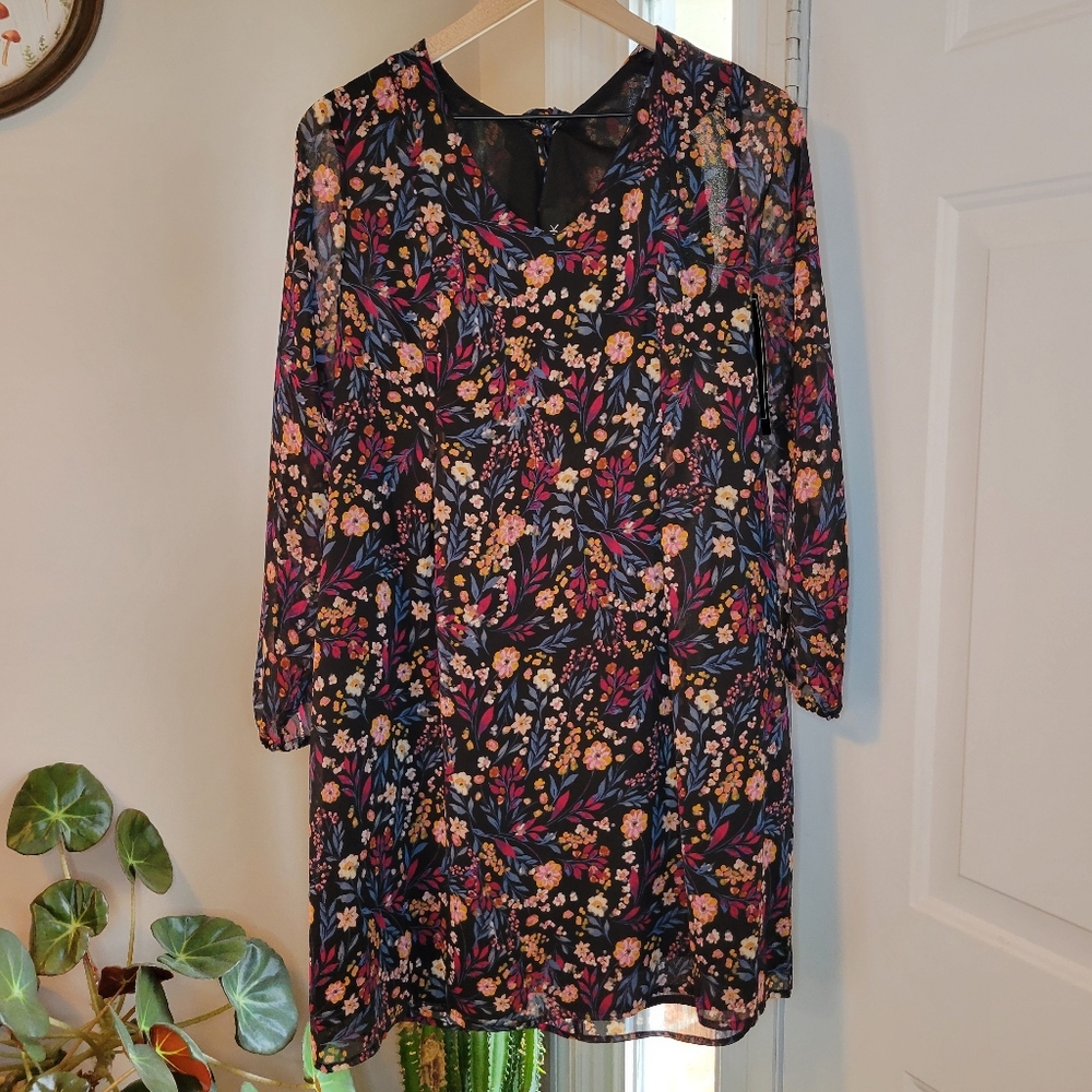 MSK Floral Printed V-Neck Knee Length Longsleeve Dress‎ NEW, Size L Womens
